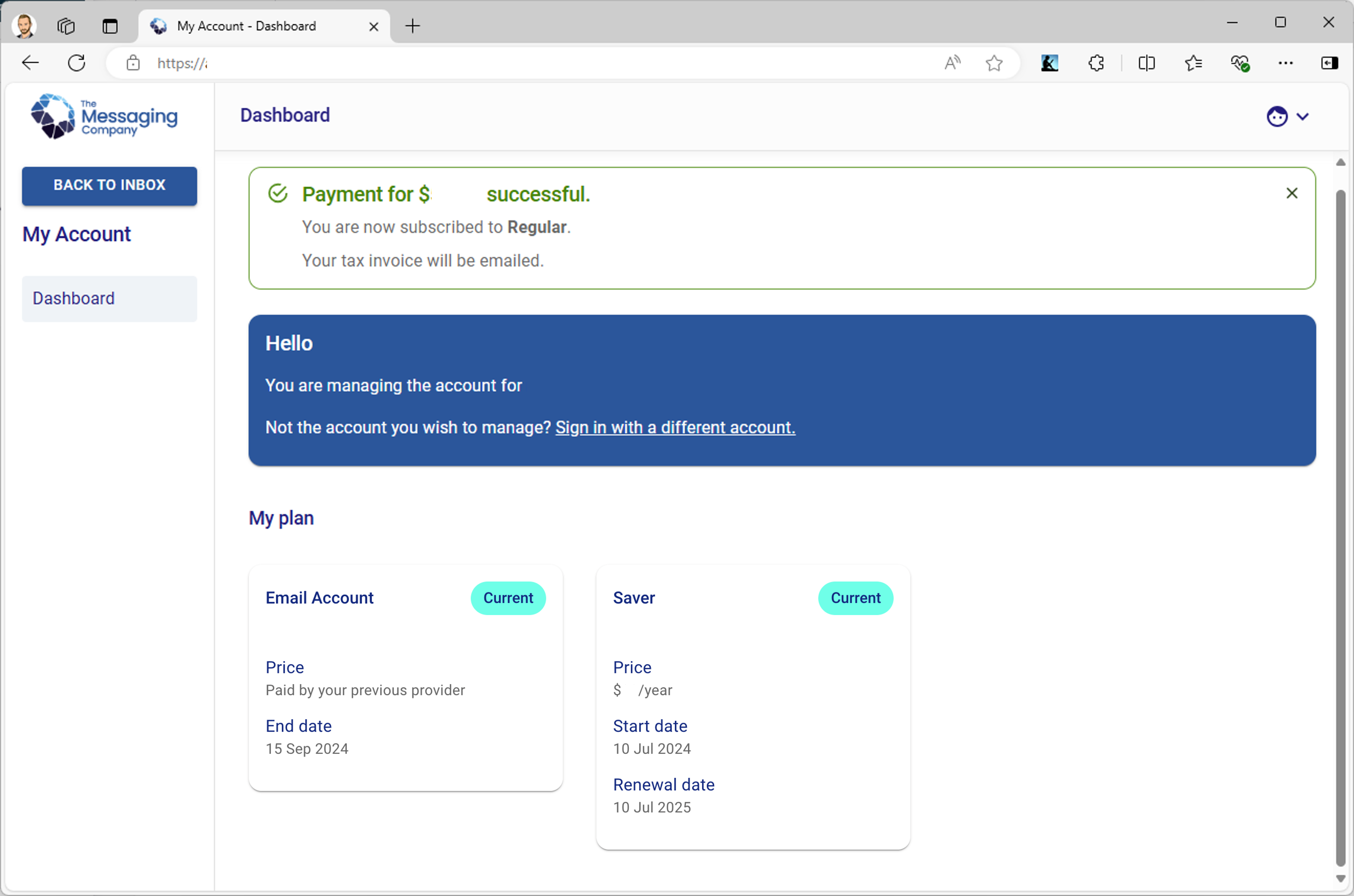 Webmail - Inbox - Menu shown - Payment succesful.png