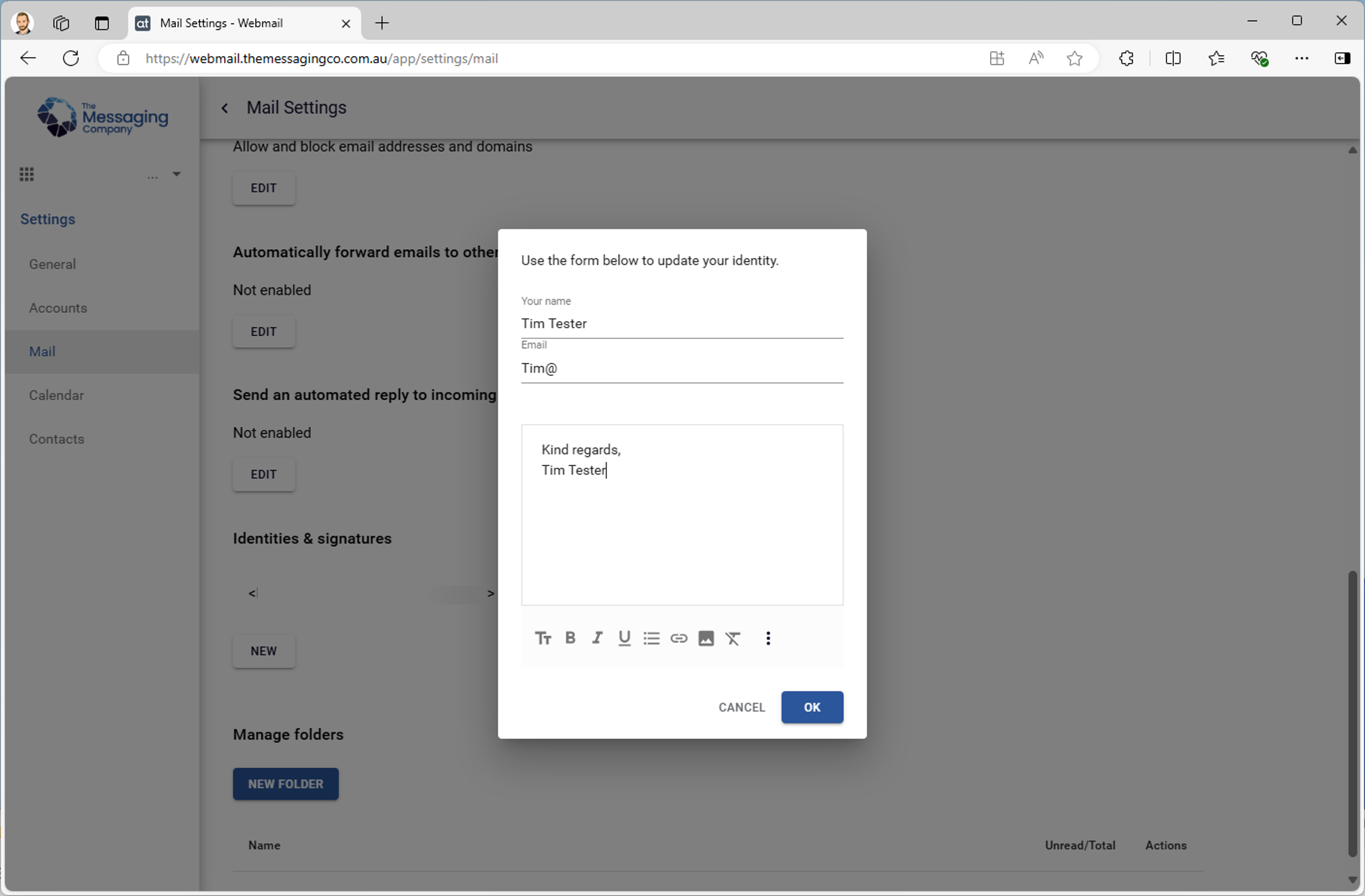 Webmail - Menu - Identities & signatures - Enter signature.png