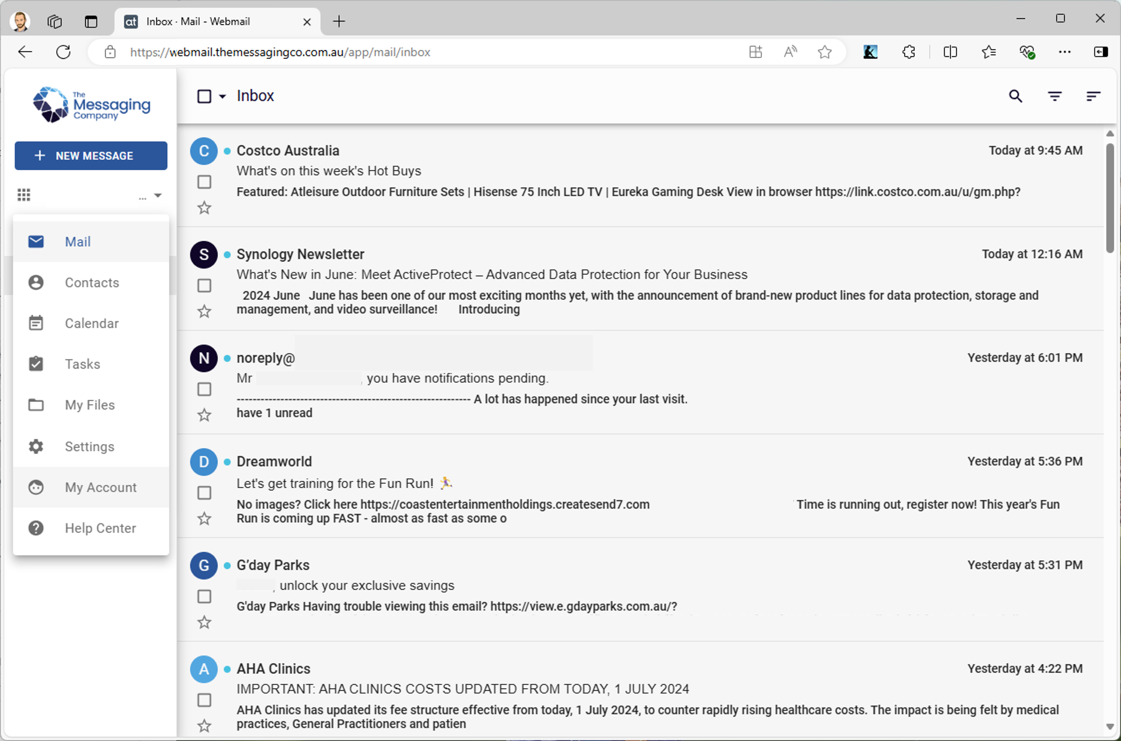 Webmail - Inbox - Menu shown - My Account.png