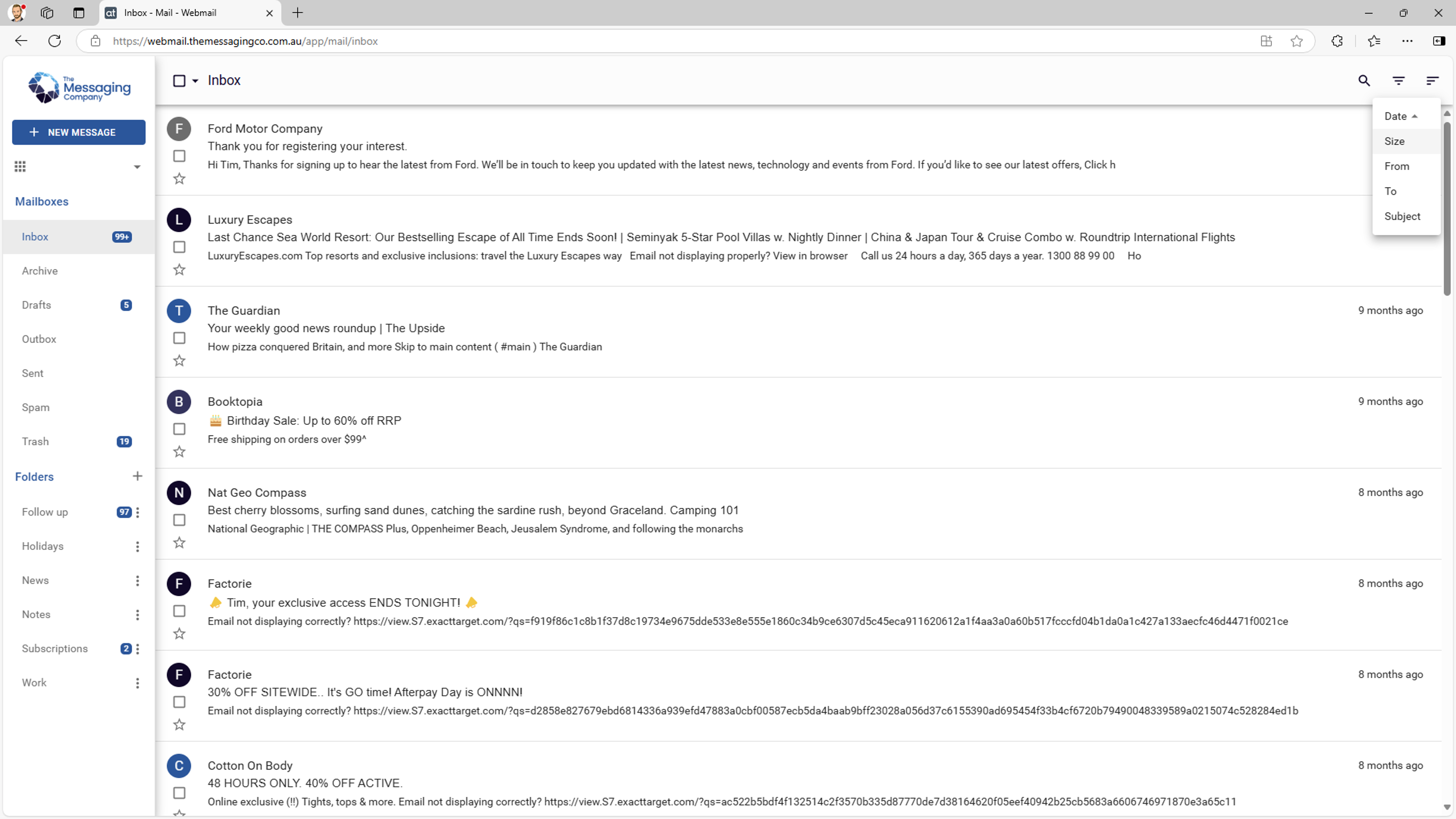 Webmail - Sort email - Inbox - Sort menu shown (Size).png