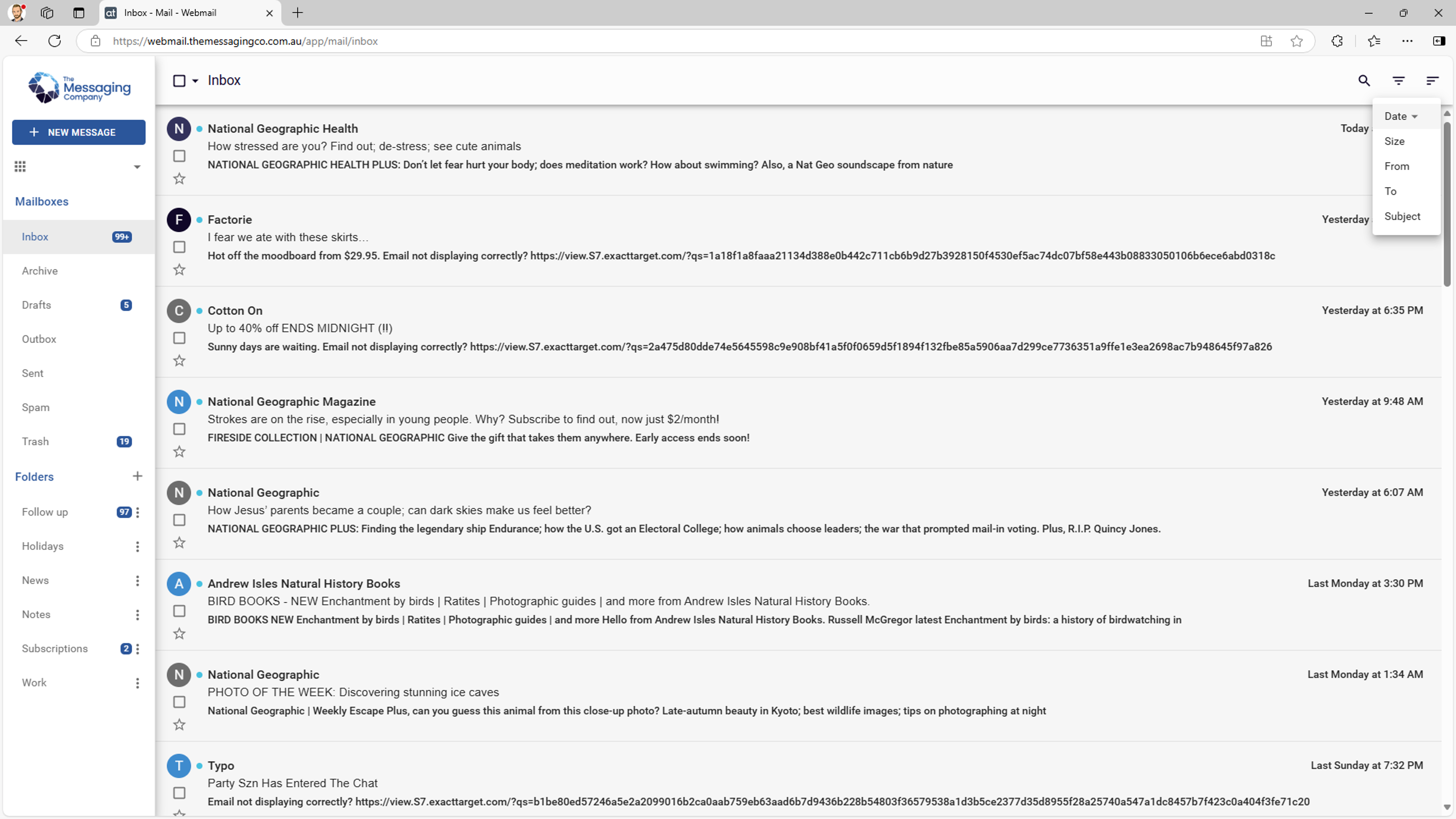 Webmail - Sort email - Inbox - Sort menu shown (Date).png