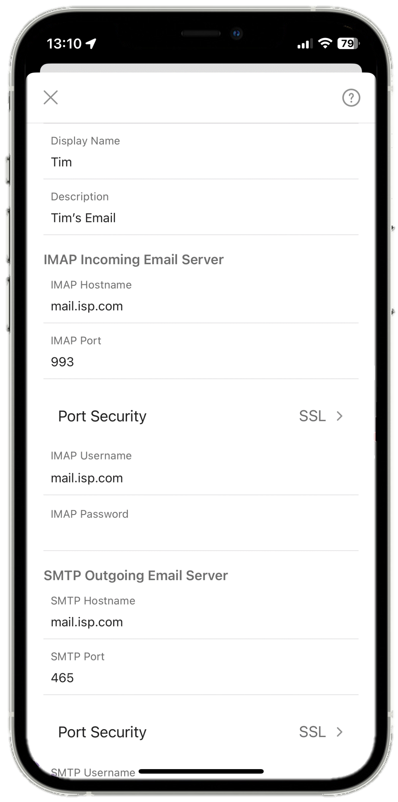 iOS 17 - Outlook - Settings - IMAP Account - Edit Log-in Information - Server settings.png