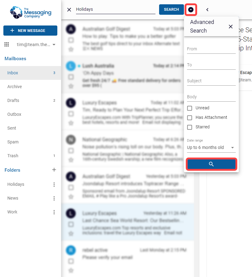 Searching emails on Webmail The Messaging Company
