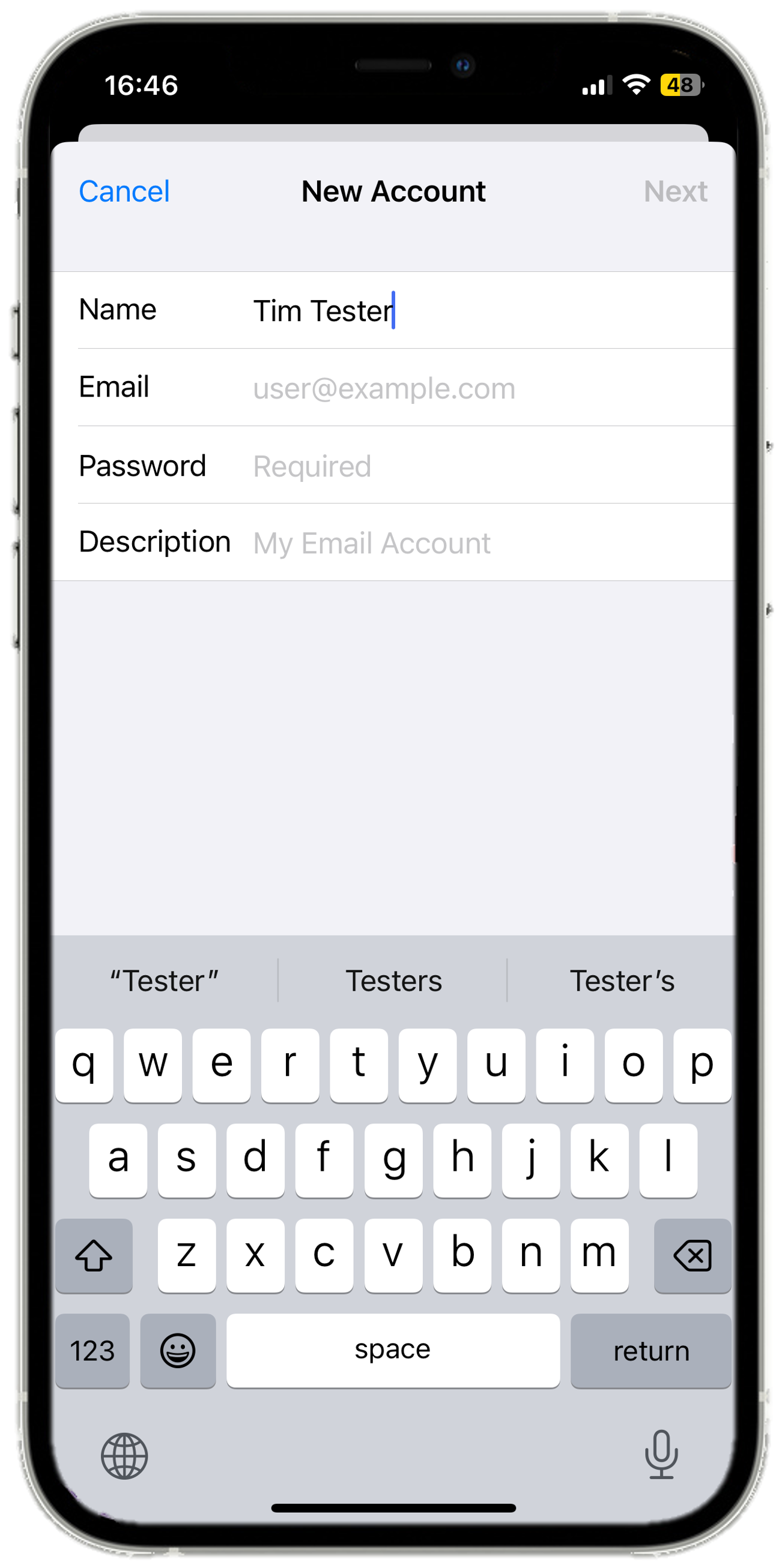 iOS 17 - Settings - Mail - Accounts - Add Account - Add Mail Account - Enter details - Name.png