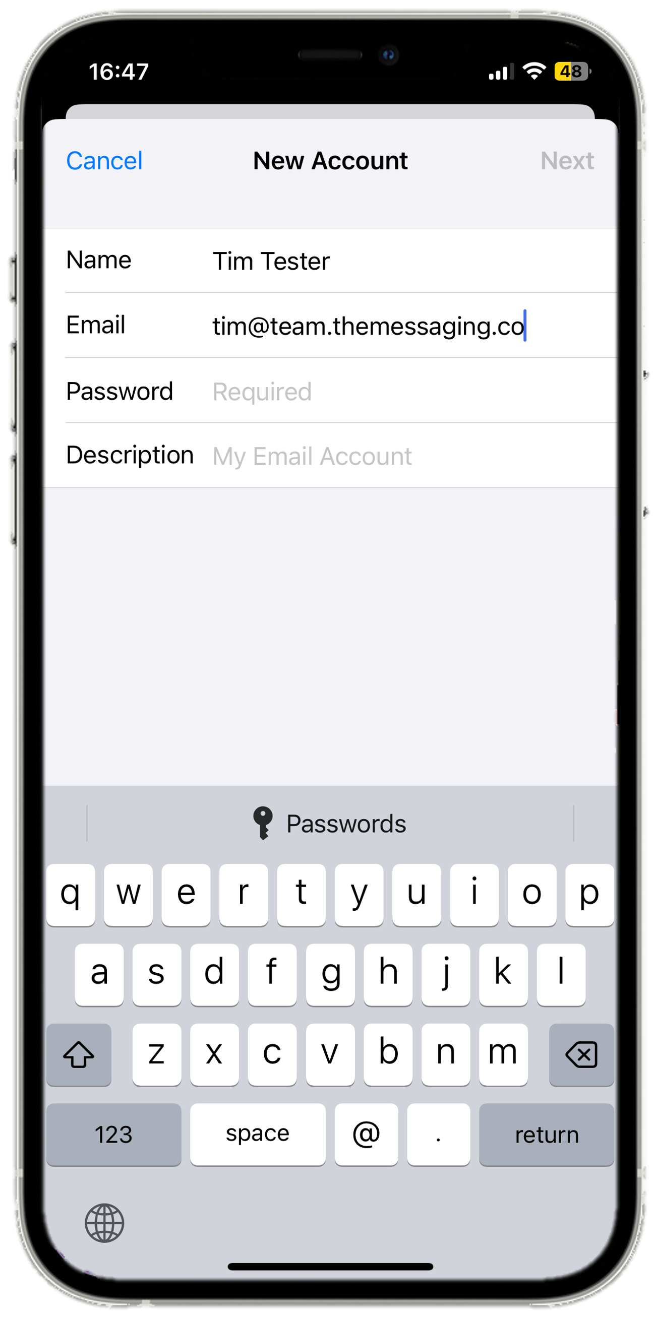iOS 17 - Settings - Mail - Accounts - Add Account - Add Mail Account - Enter details - Email.png
