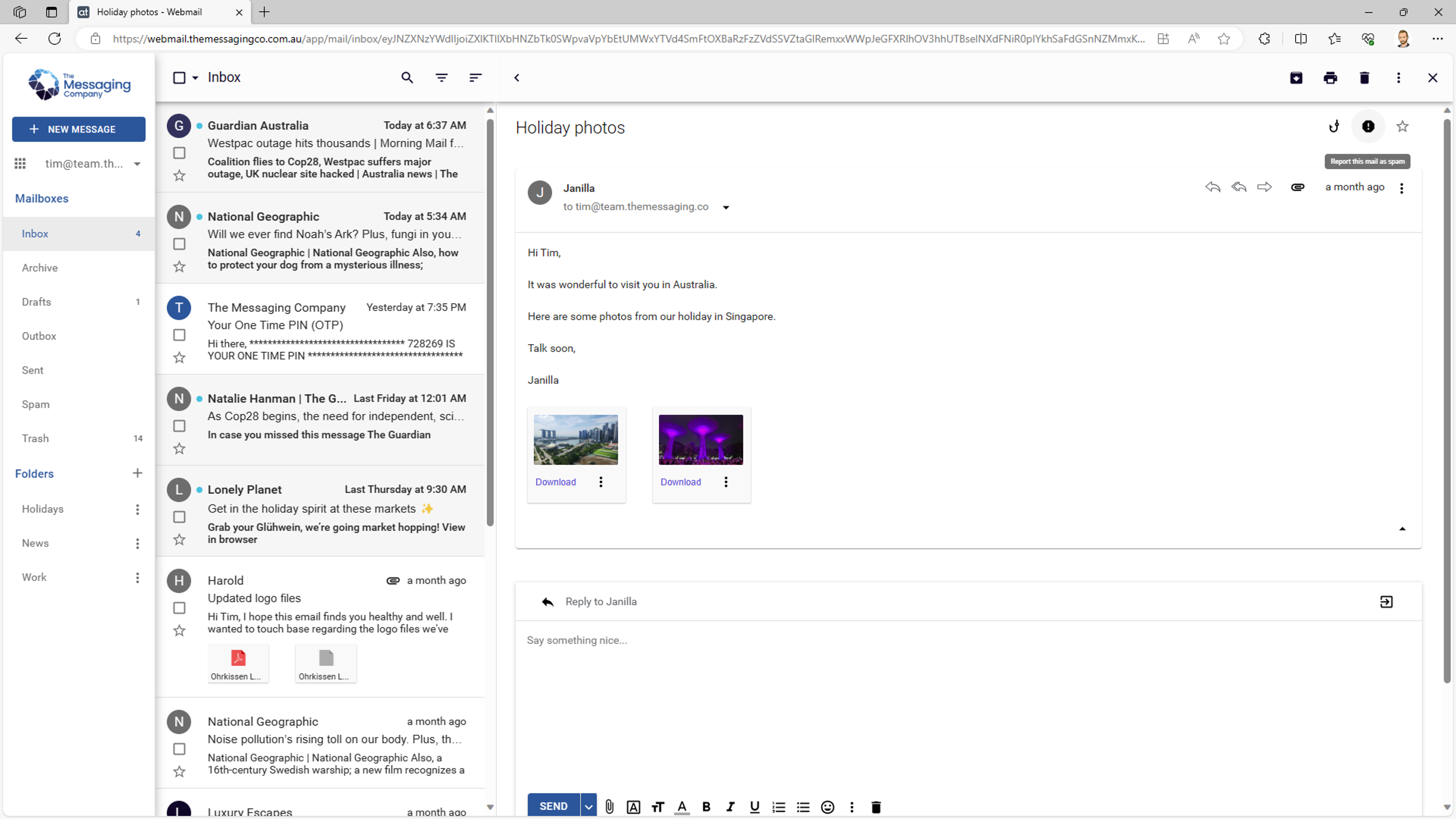 Webmail - Report Spam - Selected email - Hover over report icon.png