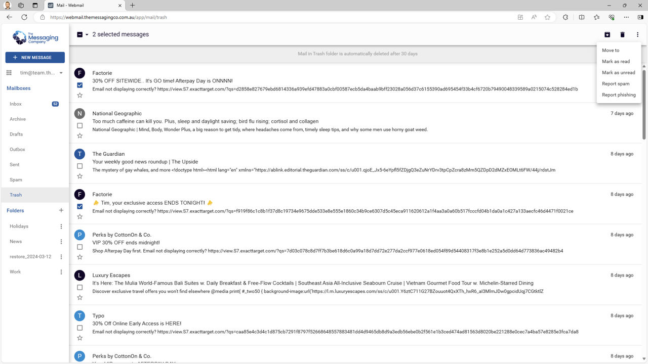 Webmail - Trash - Emails Selected - Ellipsis menu.png