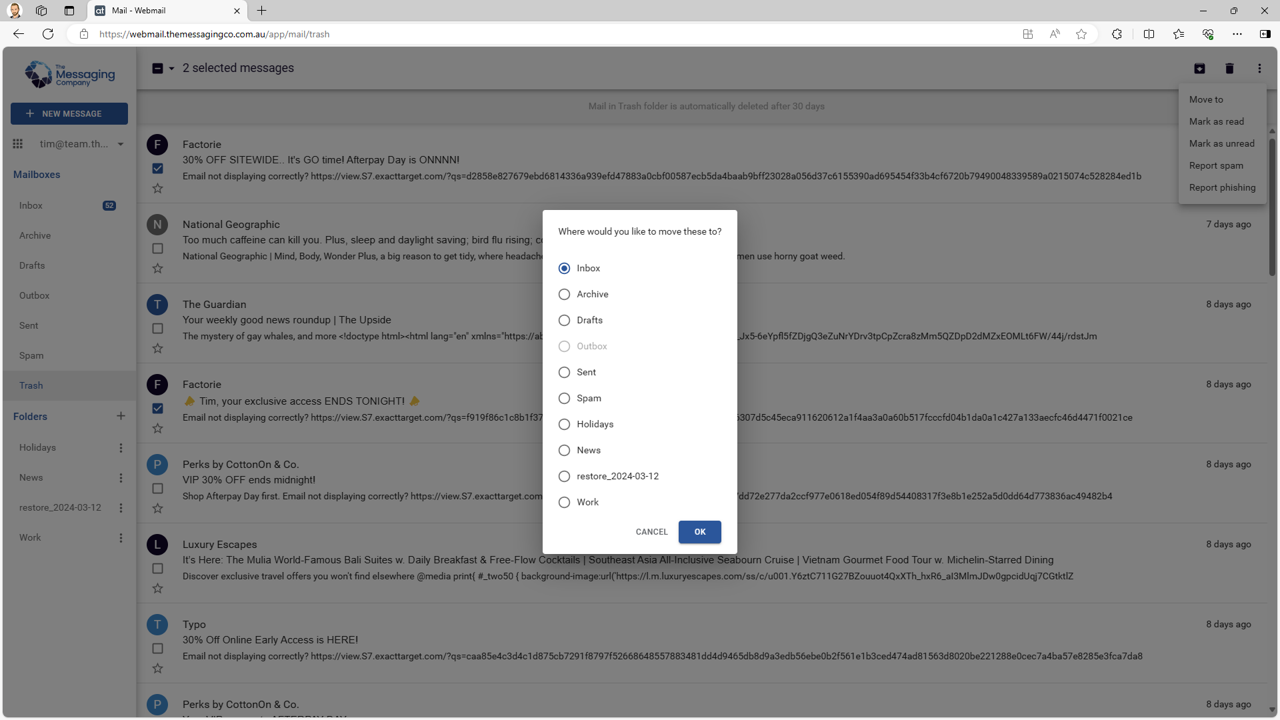 Webmail - Trash - Emails Selected - Select folder.png