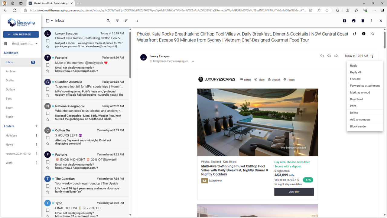 Webmail - Inbox - Email selected - Menu shown.png