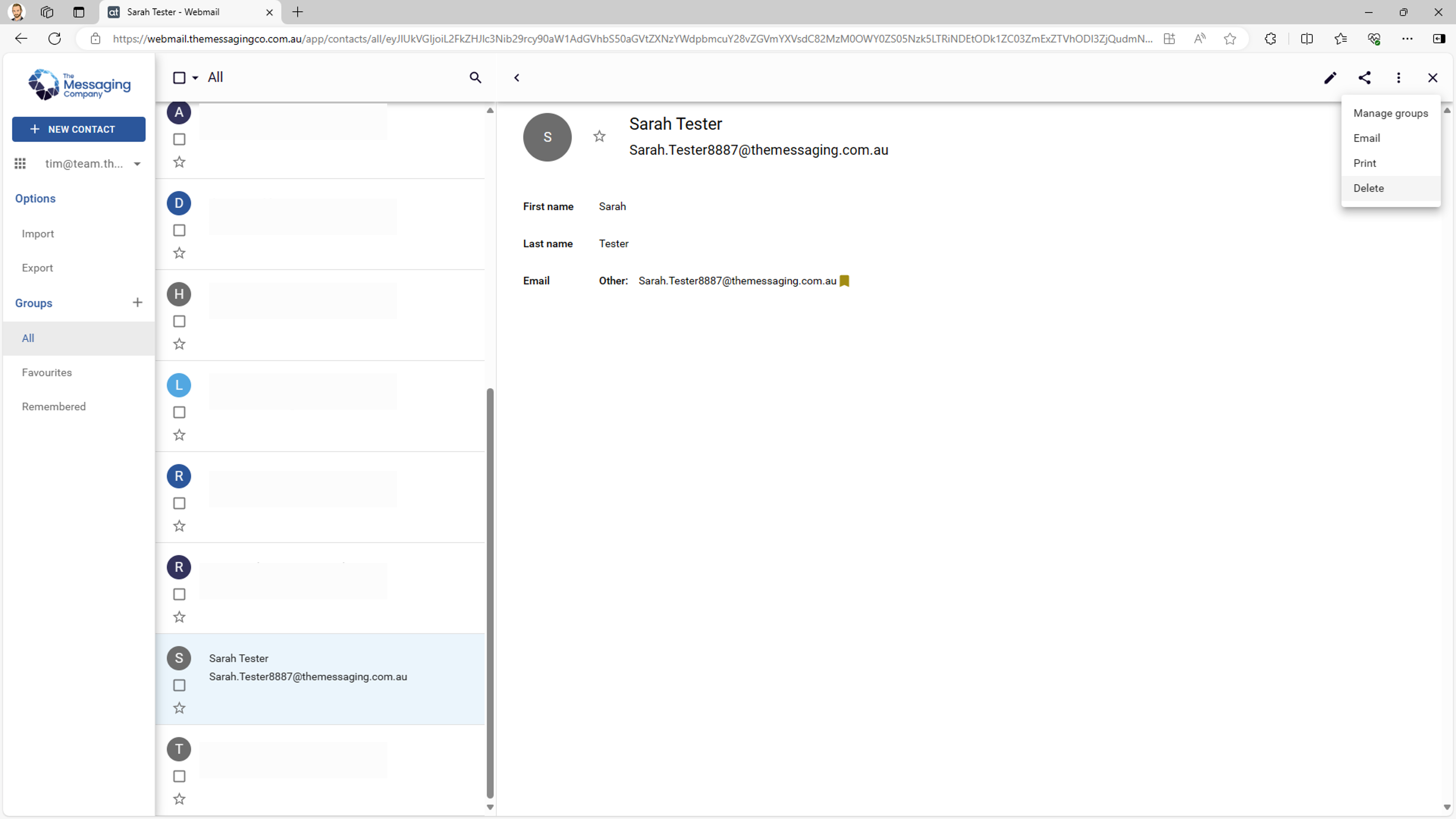 Webmail - Delete a contact - Contact selected - Menu selected.png